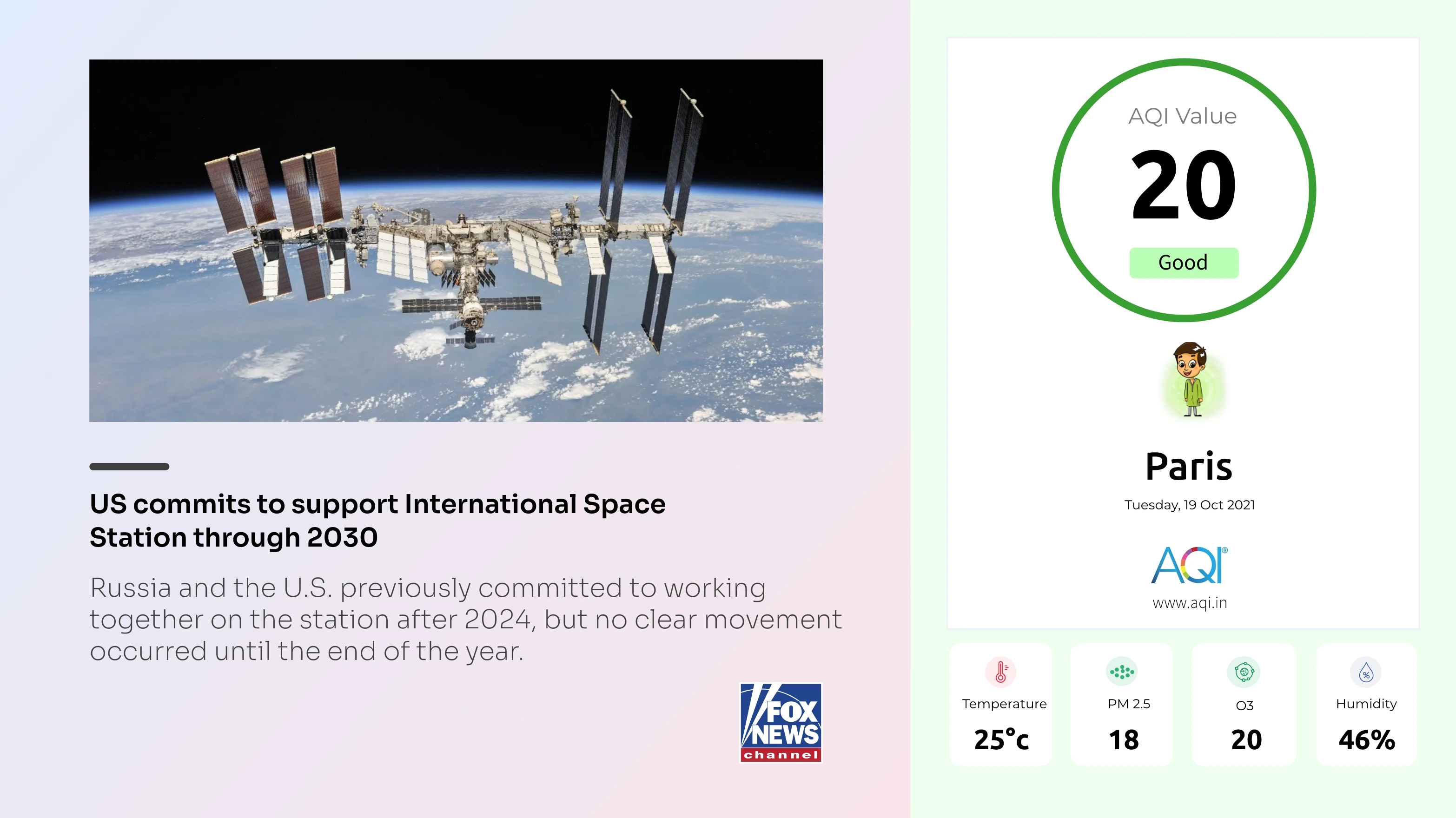 digital signage software interface showing compositon layout with AQI app and Fox News app contents