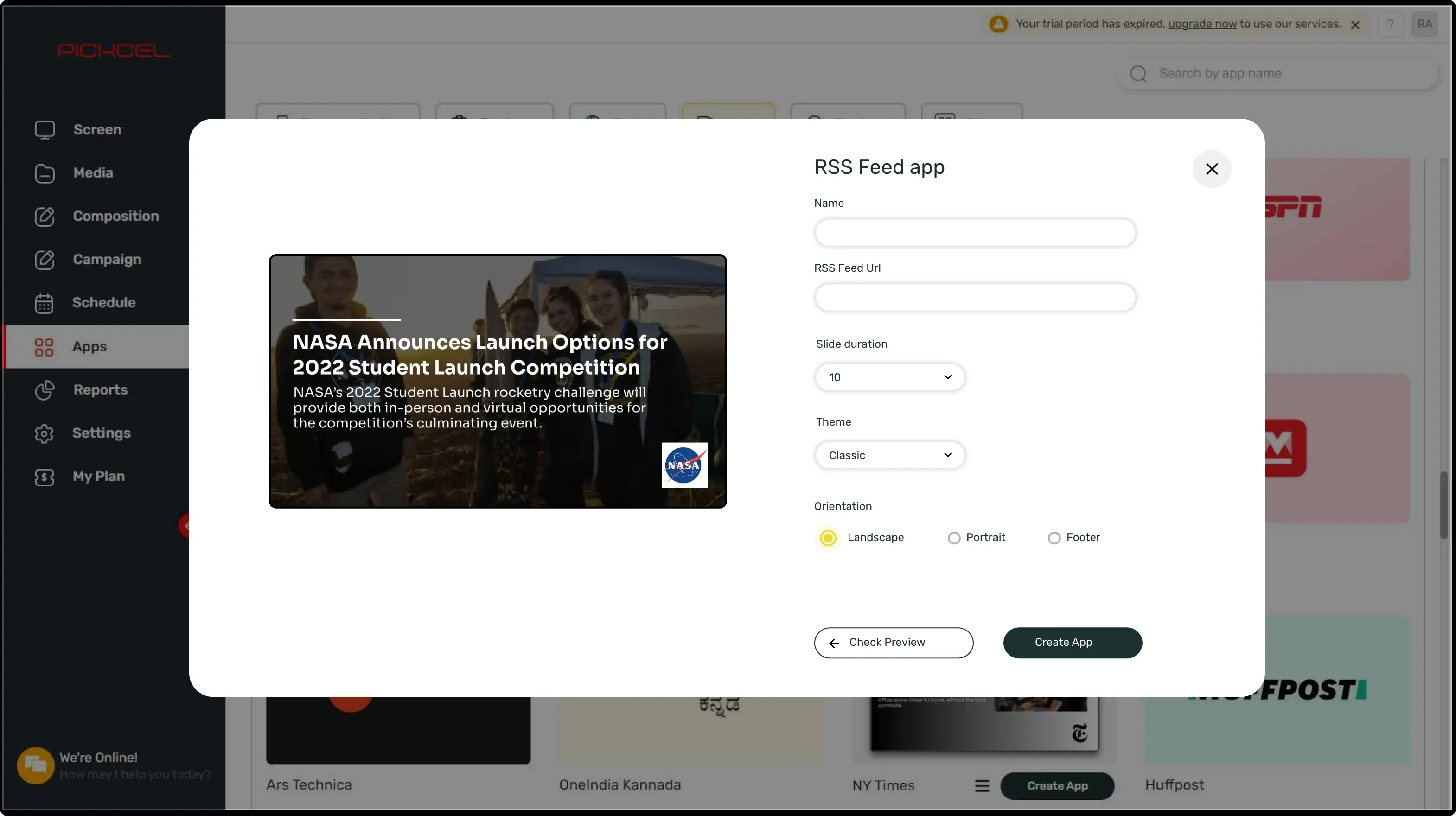 step 1 digital signage software interface showing RSS Feeds App configuration window with multiple options