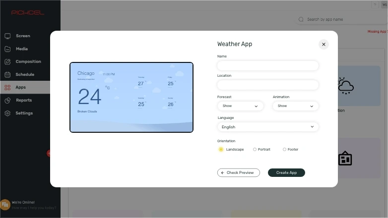 step 1 digital signage software interface showing CNN news App configuration window with multiple options